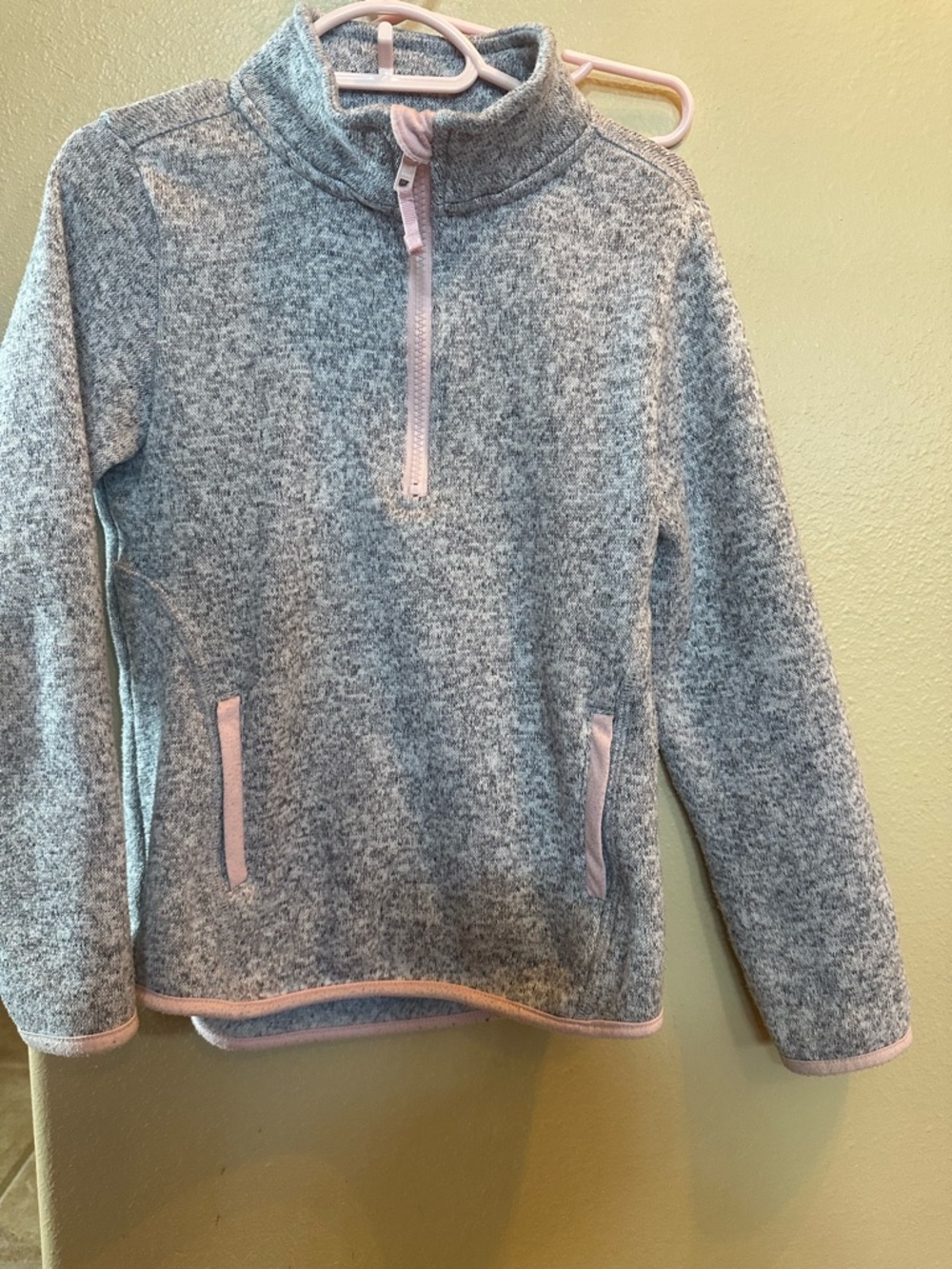 Quarter-Zip Fleece Pullover with Pink Trim. Sweater zip up coat pink grey 7/8